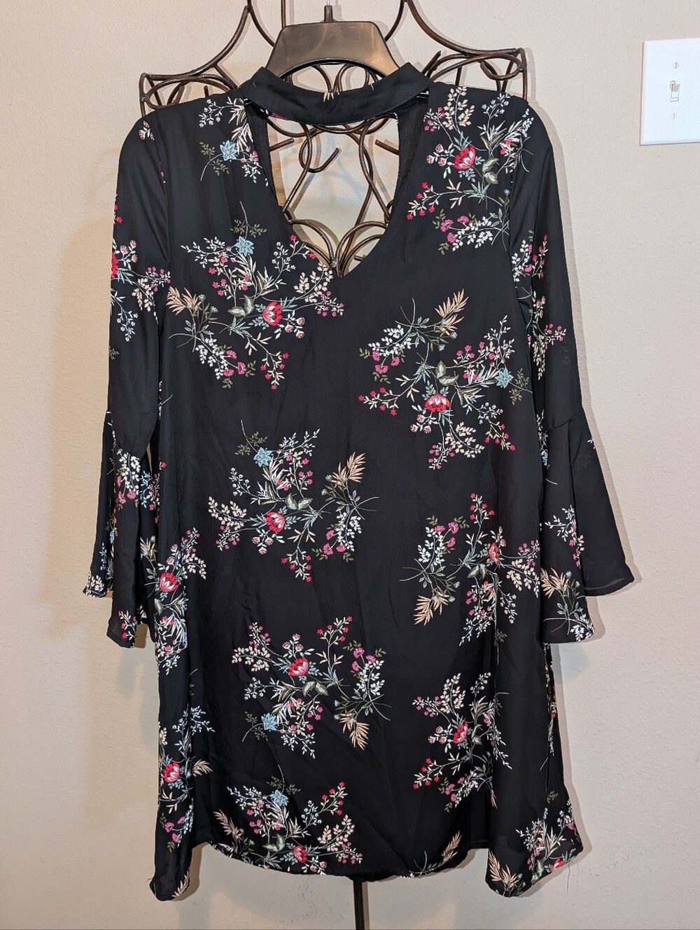 MiAmi Black Boho Dress with Red Floral Accent and Flare Sleeves